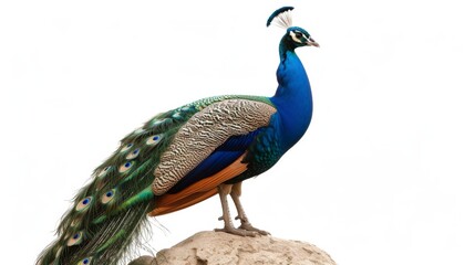 Obraz premium Stunning Peacock with Vibrant Feathers on White Background