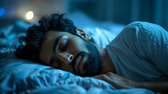 people, bedtime and rest concept - indian man sleeping in bed at home at night