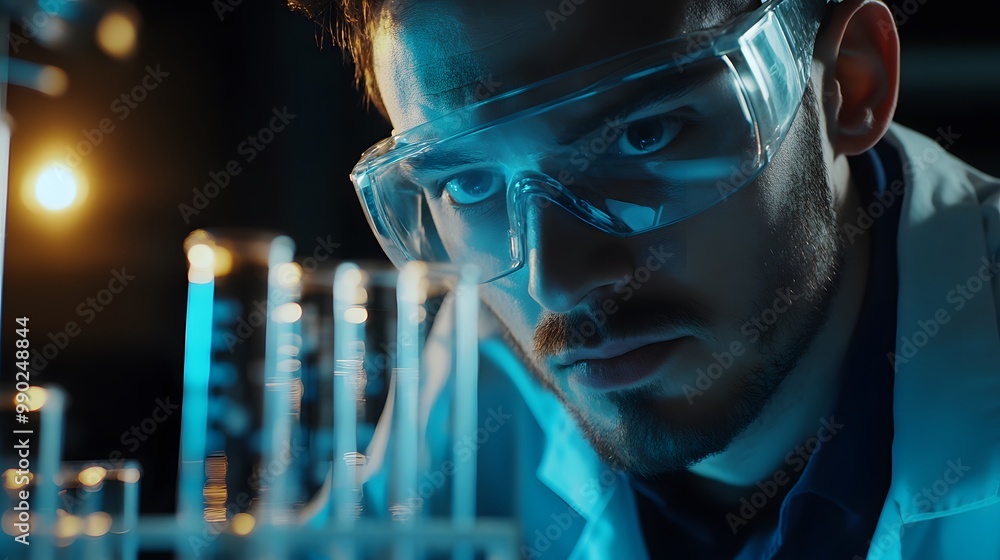 Poster close-up of a scientist with safety glasses examining test tubes in a laboratory setting