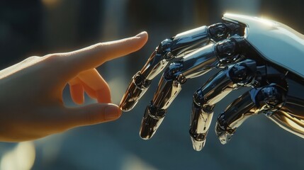 Naklejka premium The human finger delicately touches the finger of a robot's metallic finger. Concept of harmonious coexistence of humans and AI technology,