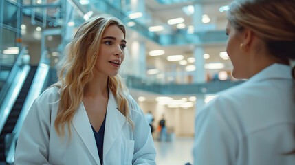 Fototapeta premium Pharmaceutical sales representative talking with doctor in medical building. Ambitious female hospital director consulting with healtcare staff. Woman business leader