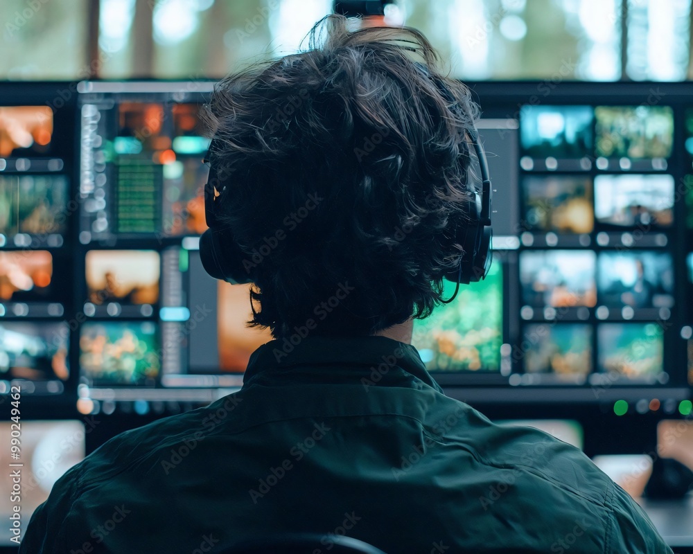 Poster a person monitors multiple screens, analyzing data and engaging in digital communication in a modern