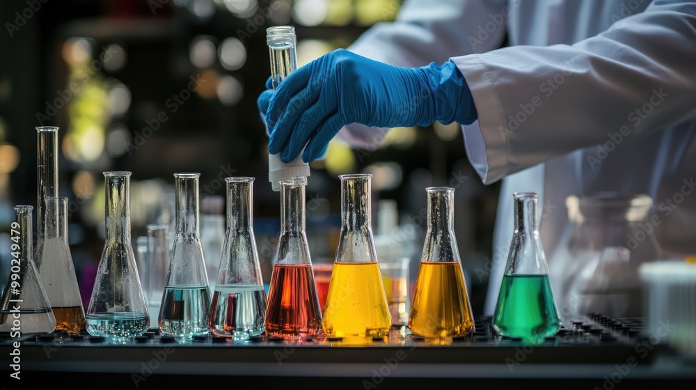 Poster a chemist experimenting with colorful liquids in a laboratory