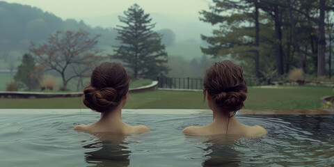 Fototapeta premium Asian Women Relaxing in Outdoor Spa 