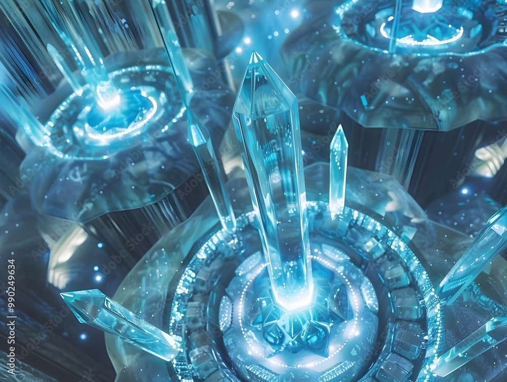 Poster captivating crystal based communication system in an alien temple with intricate light patterns show
