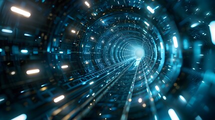 Obraz premium Interstellar Communication Capsule Traversing Wormhole Tunnel of Light and Energy