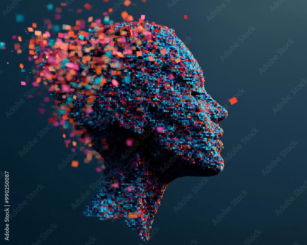 Poster abstract art depicting a human face dissolving into colorful particles, symbolizing creativity and t