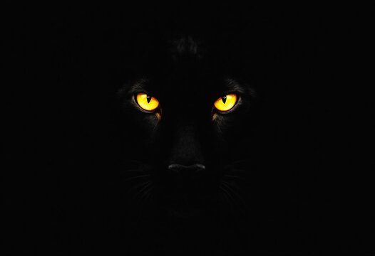 Black panther eyes background, wild cat animal face in night, yellow eyeballs in dark. Black panther eyes glow look in macro closeup, wildlife cheetah, puma or cheetah yellow evil eye
