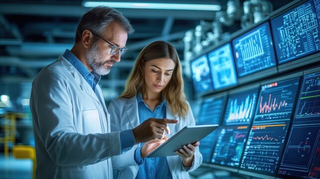 two professionals, a man and a woman, examining a tablet with serious expressions on their faces in a high-tech control room with multiple screens displaying various graphs and data visualizations
