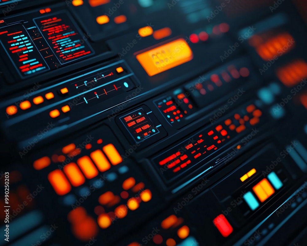 Poster close-up of a futuristic control panel with glowing buttons and screens, ideal for technology and sc