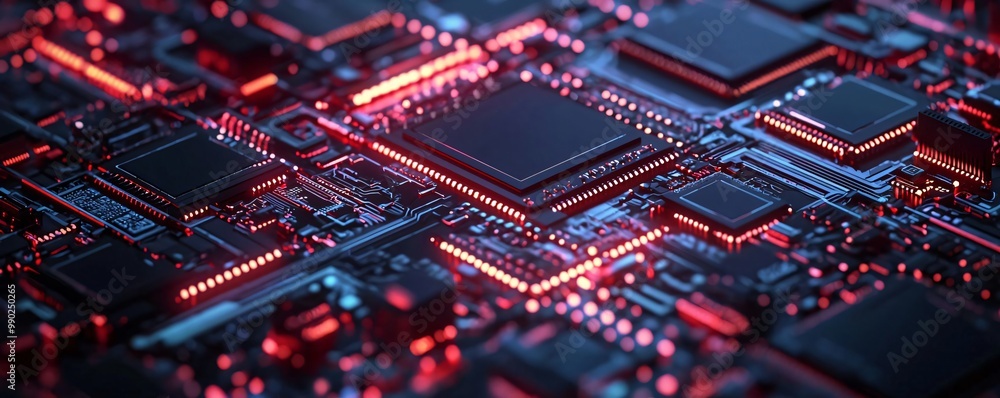 Poster close-up view of a modern circuit board illuminated with vibrant red lights, showcasing intricate el
