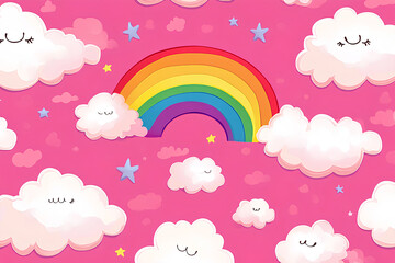 Obraz premium cute rainbow and clouds pink background stylish design