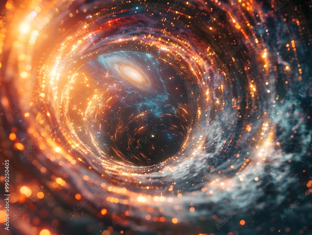 Poster alien artifact generating glowing interstellar wormhole for instant universal communication
