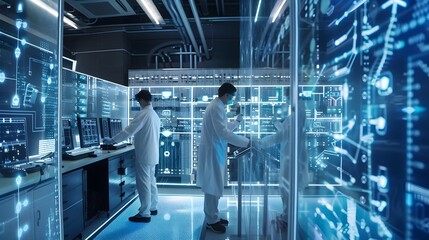 Scientists Monitoring Quantum Computers and Exchanging Qubits in High Tech Lab with Holographic Visualizations