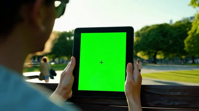 A person holds a tablet displaying a green screen while sitting in a park. The bright sunlight highlights the surroundings, where others engage in various outdoor activities