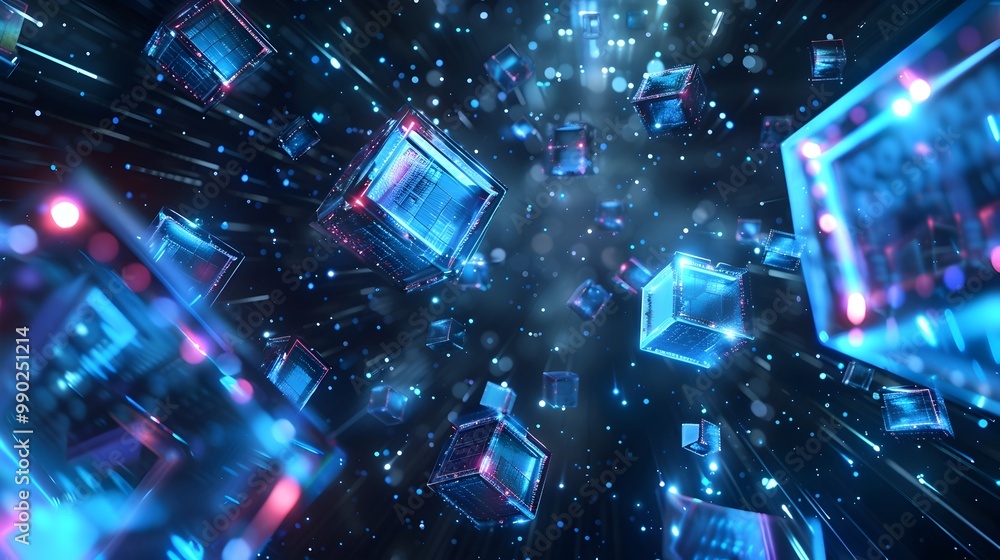 Poster quantum servers exchanging data in zero gravity futuristic space environment