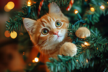Cute curious ginger kitten under the Christmas tree. A domestic cat plays with New Year's decorations. Christmas cozy atmosphere.