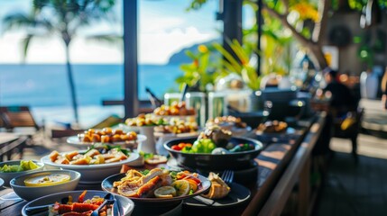 Breakfast in tropical hotel with sea view. Buffet food in restaurant in modern resort. Concept of travel and summer vacation. 