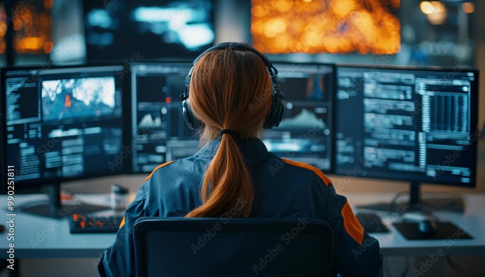 Poster female professional with headphones analyzing data on multiple computer screens in a modern tech env