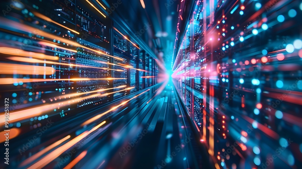 Poster futuristic quantum data center with shimmering high speed internet servers