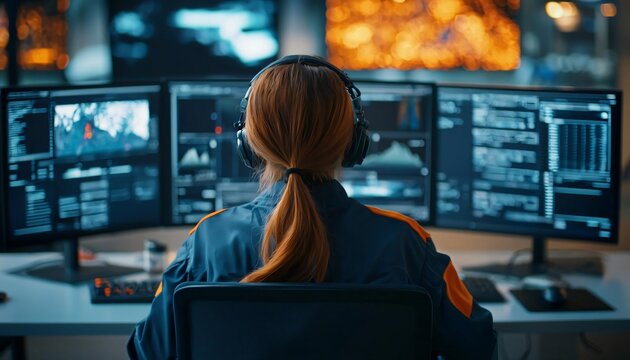 Female professional with headphones analyzing data on multiple computer screens in a modern tech environment.