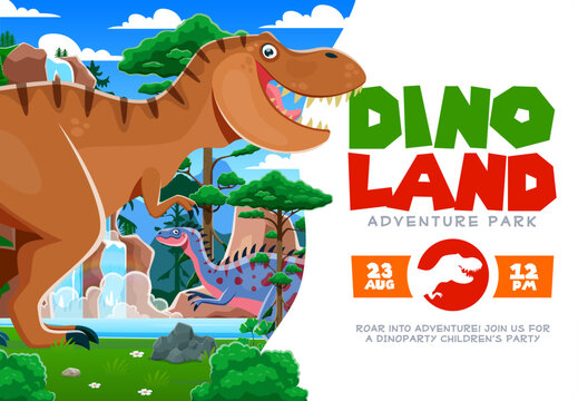 Dino park banner inviting children to an exciting dinosaur-themed party. Vector Dino Land Adventure Park flyer promoting family fun and adventure with cartoon dinosaurs at lush tropical landscape