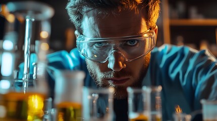 Close-up of a man wearing safety goggles in a lab setting, with beakers in the foreground.