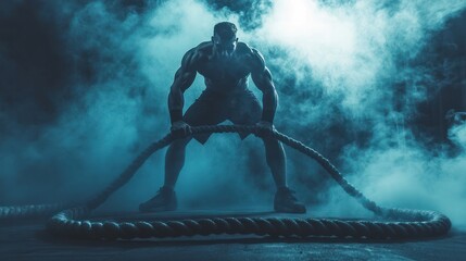 young man exercising using battle rope gym determination exercise training smoke dark functional sport active energy athlete equipment fitness physical healthy muscular power people stamina