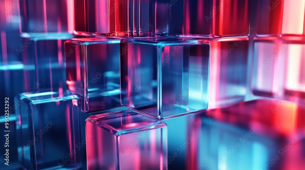 Poster 3d abstract technology background with fractal glass cubes wall structure. Web banner and futuristic digital art.