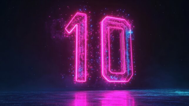 3d animation, fantastic neon numbers from 1 to 10 isolated on black background. Cosmic pink blue star tracks, meteor shower countdown from one to ten, Generative AI