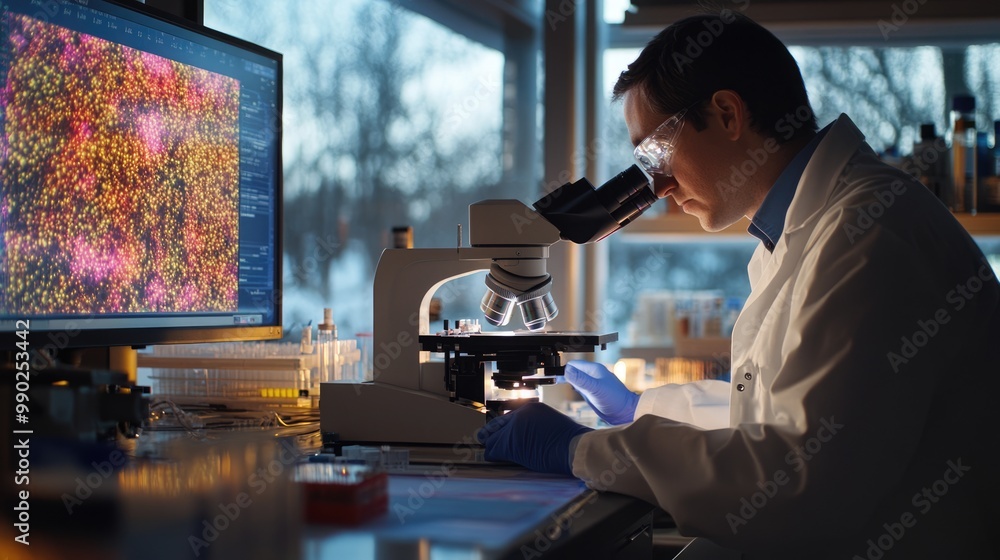 Poster scientist using a microscope in a laboratory