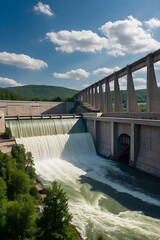 Majestic Hydroelectric Dam Powering Renewable Energy in Lush Mountain Landscape. Engineering, Technology.