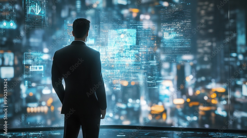 Poster a businessman collaborates with ai algorithms, fostering innovation in a high-tech environment to st