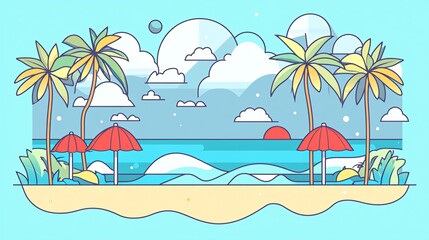 Obraz premium A simple, line art illustration of a beach scene with palm trees, red umbrellas, waves, a sandy shore, and a blue sky with clouds and a sunset.