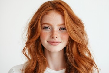 Fototapeta premium Woman with red hair and a smile. She is wearing a gray shirt. happy young woman with long wavy red hair and freckles wears stylish t shirt looks happy and smiling isolated over white background