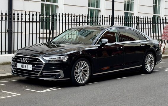 London, UK - July 10, 2024: An Audi A8 saloon car with the diplomatic number plate QTR 1 used by the Qatar Embassy in London. 