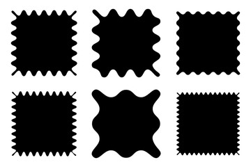 Scallop frame set. Different wavy shapes with squiggly edge border. Zig zag stamps or wiggle stickers for photo, badge, tag design. Curvy labels isolated on white background, vector illustration.