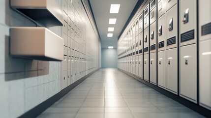 Obraz premium Endless Rows of Lockers in a Dimly Lit School Hallway