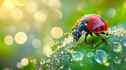 Naklejka premium Vibrant Ladybug on Dewy Green Leaf: A Stunning Nature Poster Perfect for Brightening Up Your Sports Interior with Captivating Morning Light!
