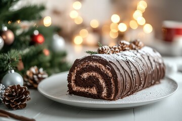 chocolate yule log cake, modern minimal plate