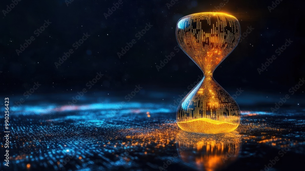 Poster an hourglass with digital pixels or binary codes flowing like sand