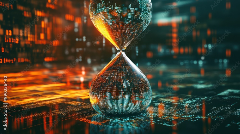 Poster an hourglass with digital pixels or binary codes flowing like sand