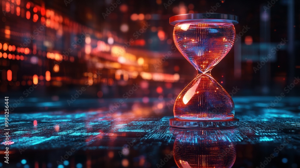 Poster an innovative digital hourglass showcases data bits instead of sand, set against a time-sensitive da