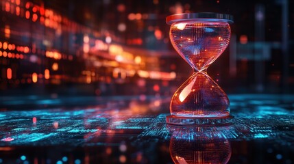An innovative digital hourglass showcases data bits instead of sand, set against a time-sensitive data backdrop, emphasizing the criticality of prompt data analysis.