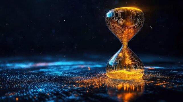 An hourglass with digital pixels or binary codes flowing like sand