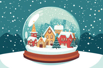 Christmas village in a snow globe. Flat cartoon.