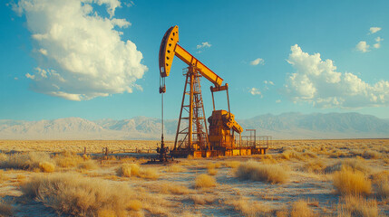 Lone oil well pump jack is pumping oil in the middle of a desert