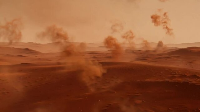 A swirling cloud of red dust rises from the Martian surface, revealing the planet&rsquo;s rocky terrain. The dim light enhances the arid, otherworldly atmosphere of this unique landscape