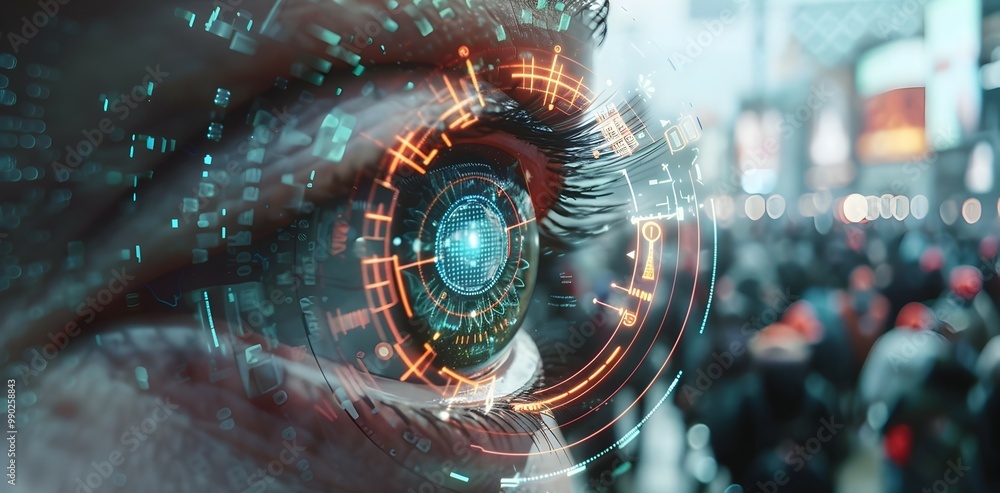 Poster bionic eye scanning a crowd with facial recognition and data overlays