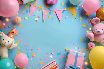 Background for children's birthday invitation with balloons and toys